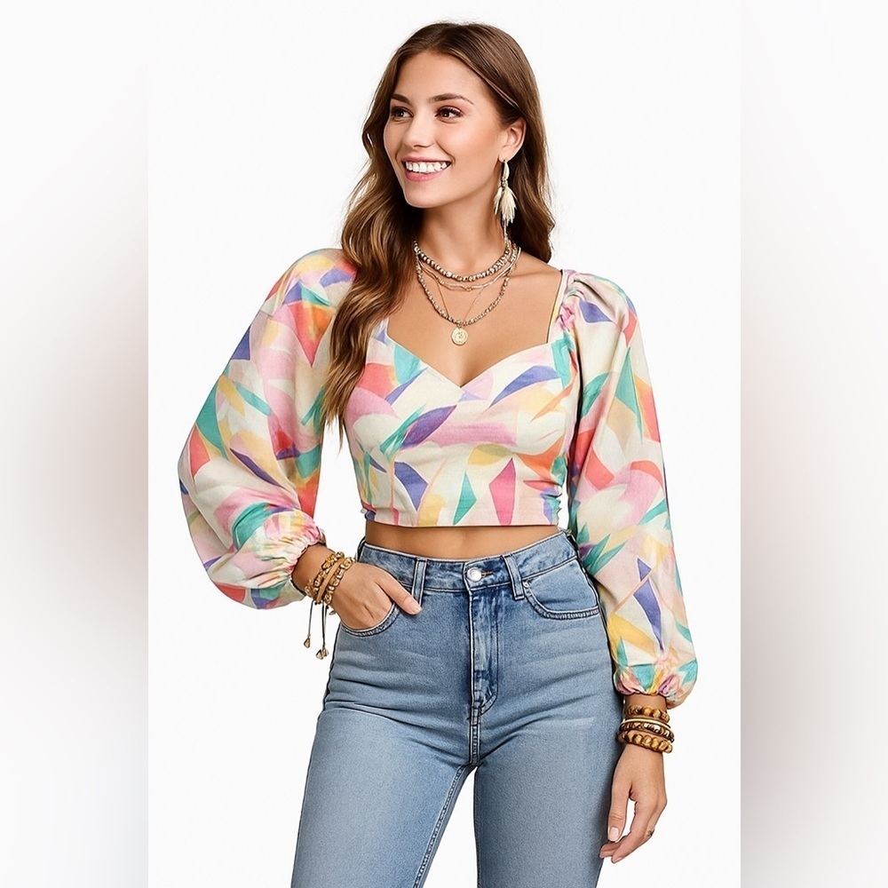 NWT Luna Skye Puff Sleeve Cropped Top Small Indie Art Dopamine Dressing Boho